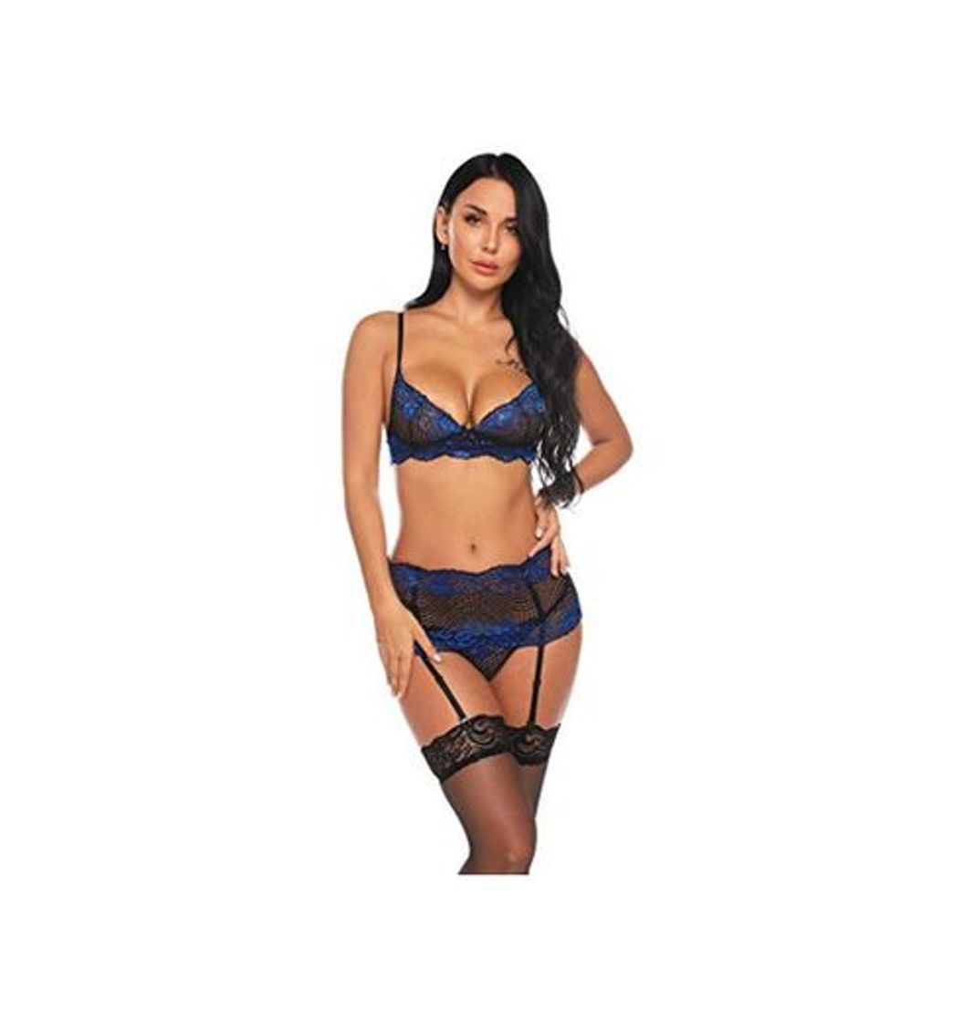 Social Sykooria Conjunto de Lencería Sexy Hueca Tirantes de Encaje Transparente Sujetadores con Liguero y Tanga Body Ropa de Dormir
