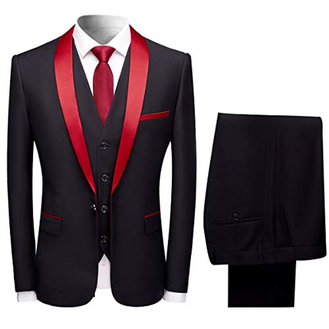 Social Sliktaa Trajes para Hombre 3 Piezas Slim Fit Boda Formal Traje de Cena Negro Azul Marino Vino Rojo Un botón con Muesca Solapa Esmoquin Blazer Chaqueta Chaqueta y Pantalones