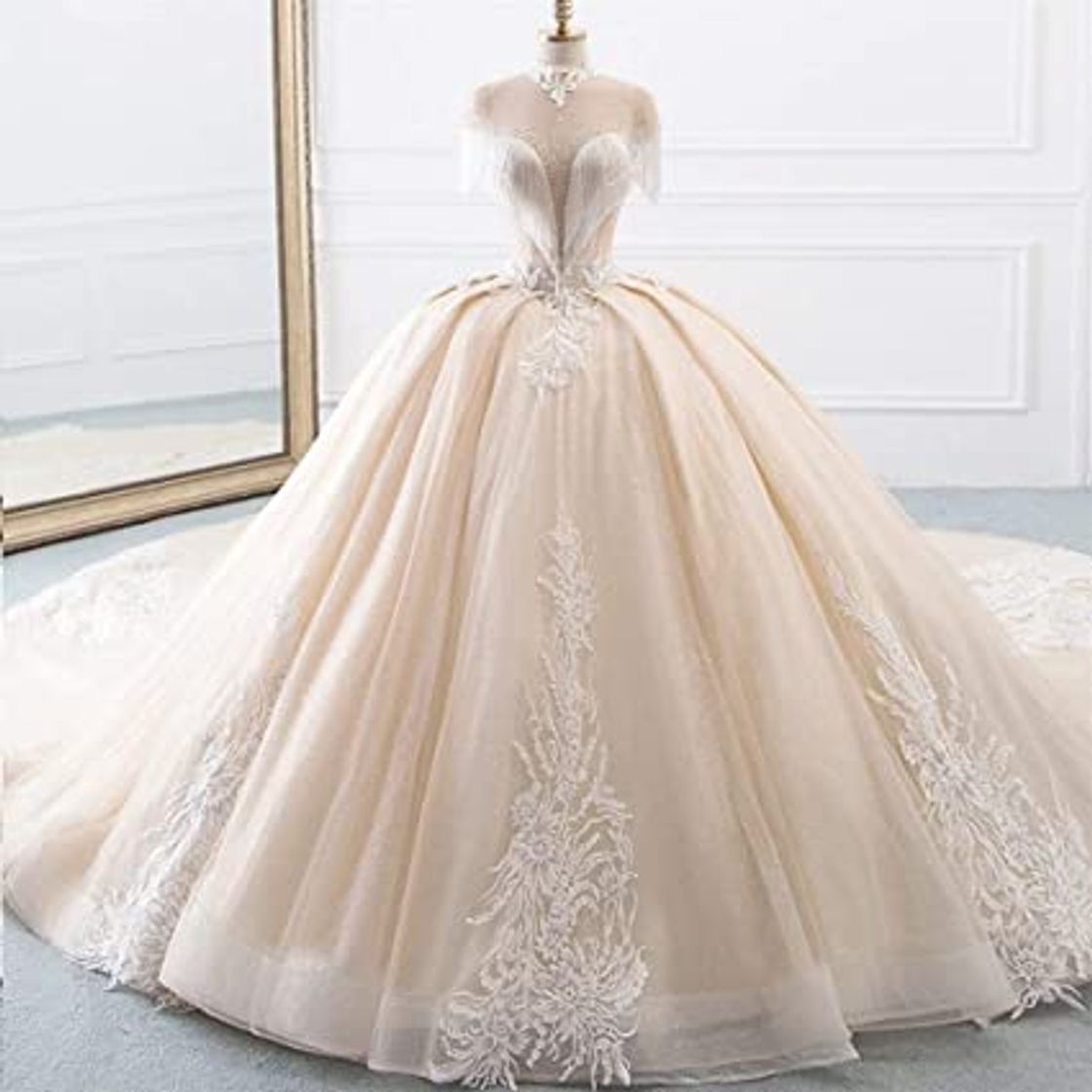 Social Vestido de novia de gasa de encaje de tul de novia vestido de la llegada de cuello alto de bola del vestido de boda de los vestidos de la princesa de la borla de las mangas del traje brillante Mariee