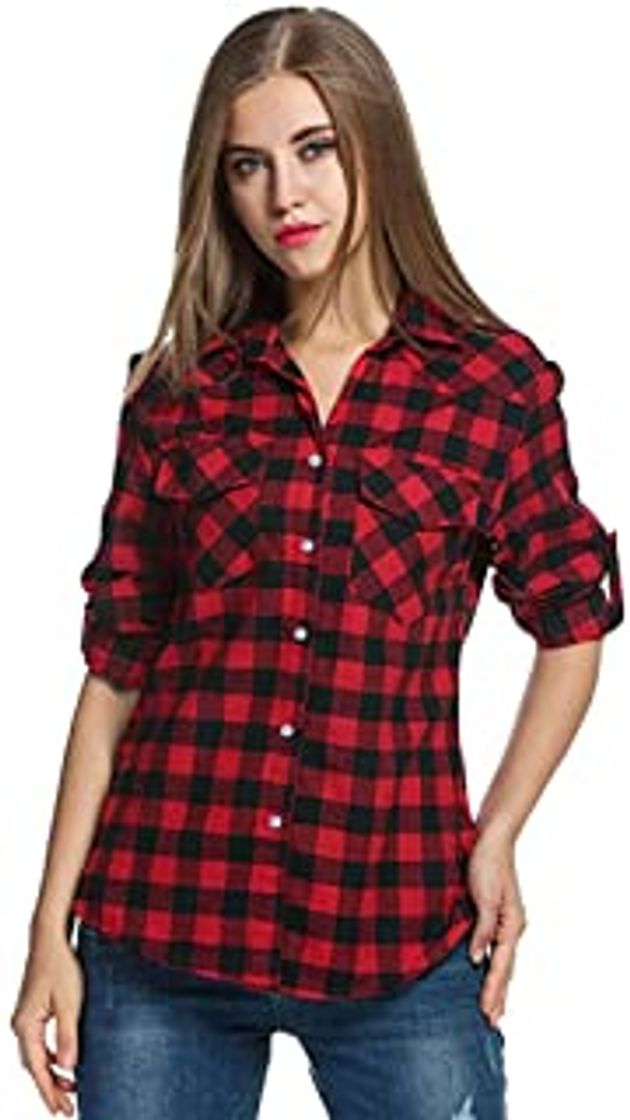 Fashion Auxo Camisa de Mujer Camiseta de Cuadros de Manga Larga Escote con