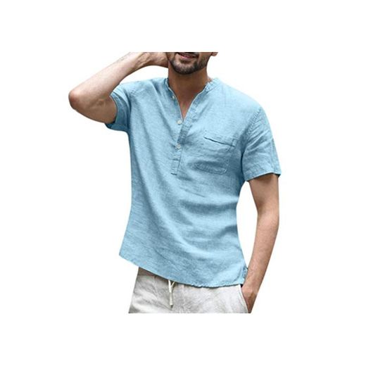 Camisas Lino Hombre Manga Corta Verano Camisa Vintage Blusa Informales Sueltas Suave