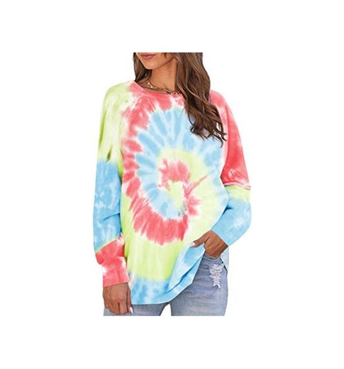 Byoauo Tie Dye Sudadera casual de manga larga para mujer rojo M