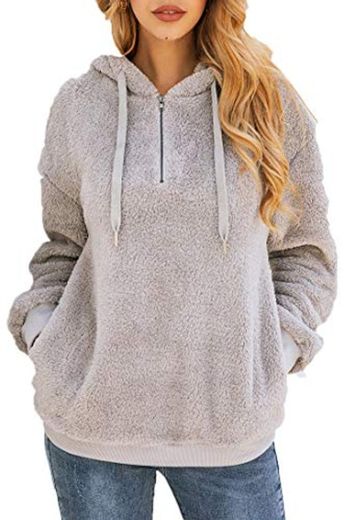 Leslady Sudadera con Capucha para Mujer de Manga Larga de Invierno con Cremallera de Lana Color sólido