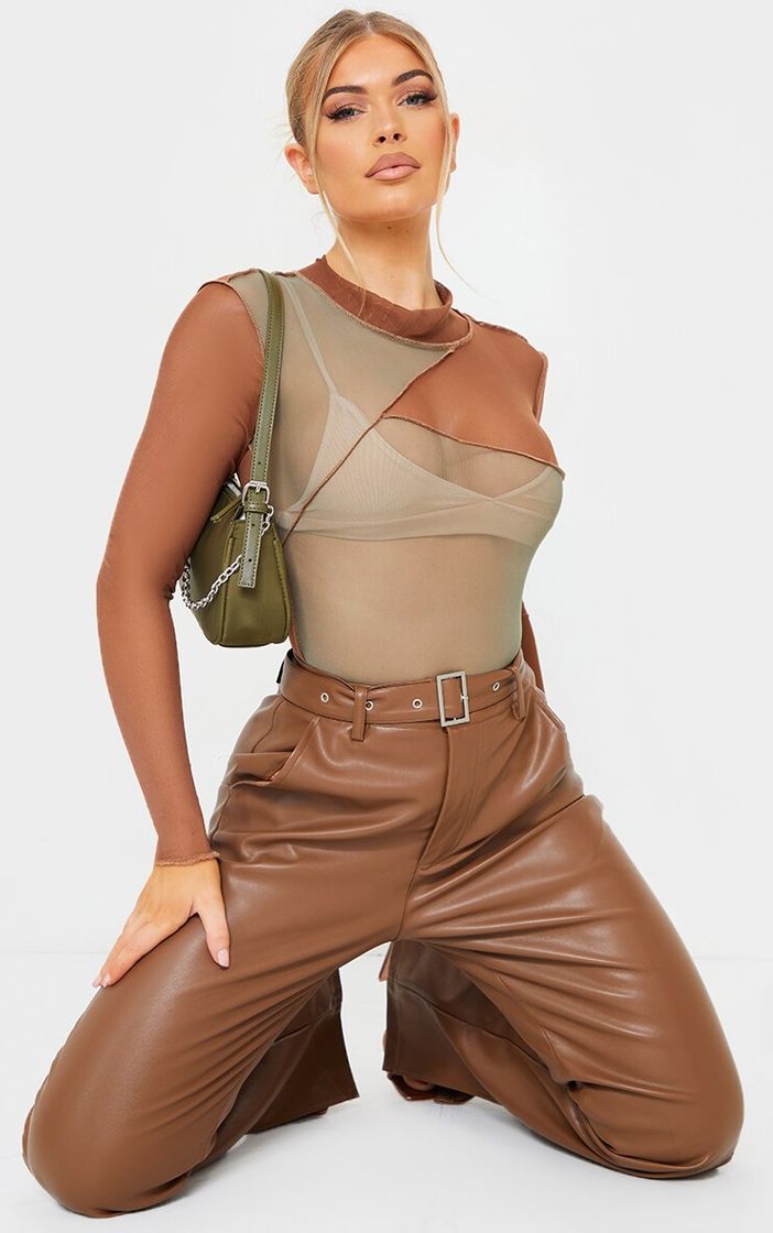 Fashion Chocolate Mesh High Neck Patchwork Long Sleeve Bodysuit