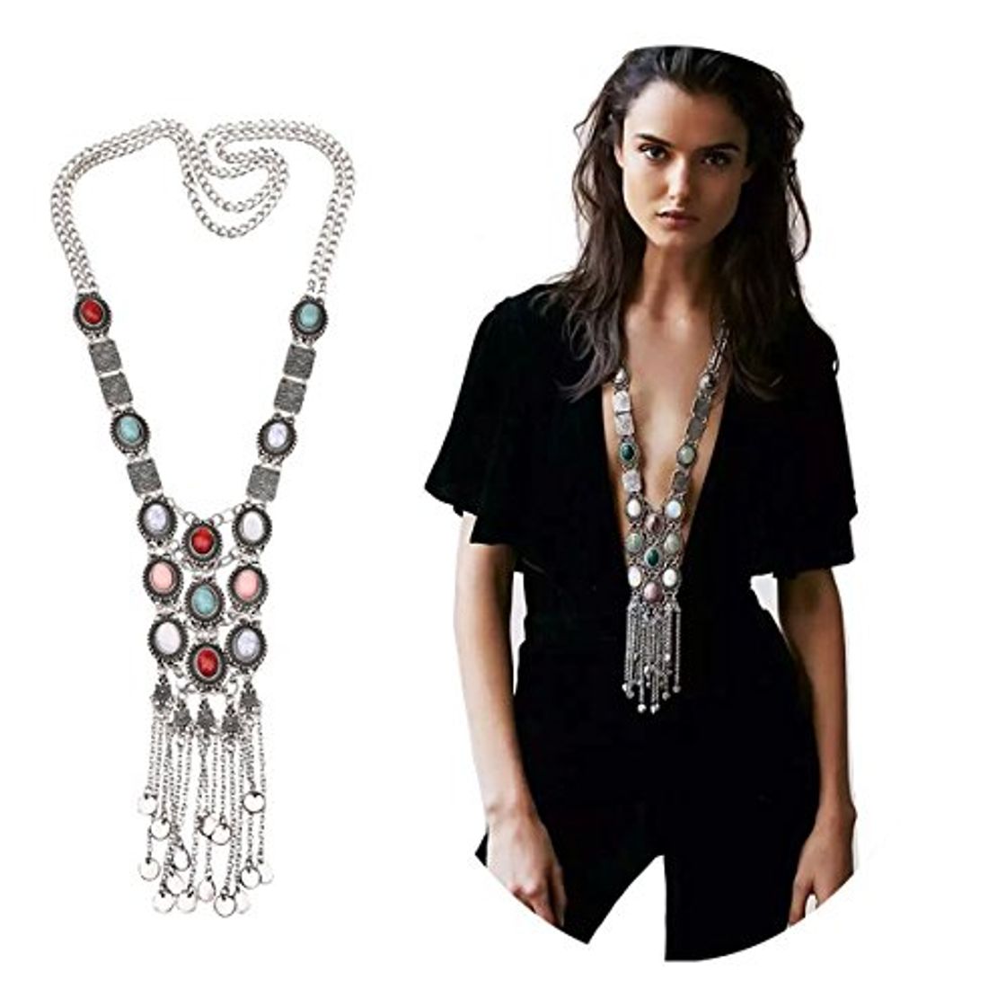 Social Vintage retro Rhinestone plata dorada turquesa Boho Bohemia larga declaración étnica tribal