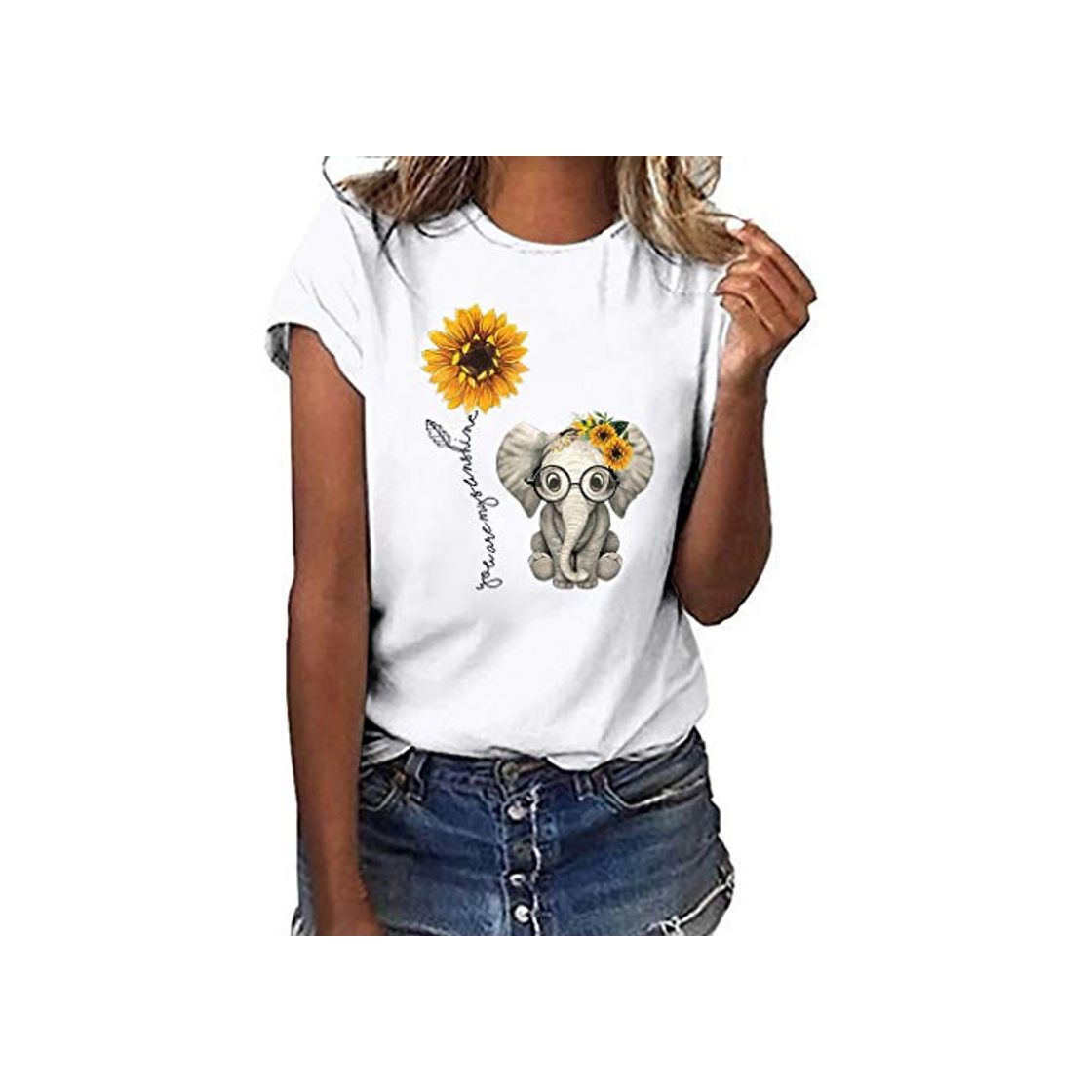 Social Luckycat Camisetas de Mujer Manga Corta Girasol Elefante Impresión Blusa Basica Camiseta Suelto Casual Verano T Shirt Cuello Redondo Camisa Tops Mujer 2019 Verano Camisa de Fiesta Sexy Tops de Playa