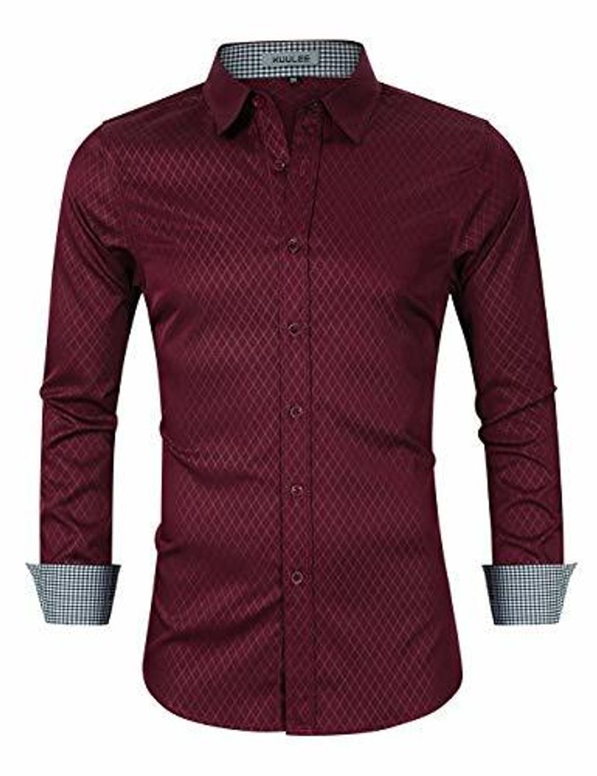 Social KUULEE Hombre Camisa Manga Larga Slim Fit Camisa Vaquera/Camisa a Cuadros Rejilla