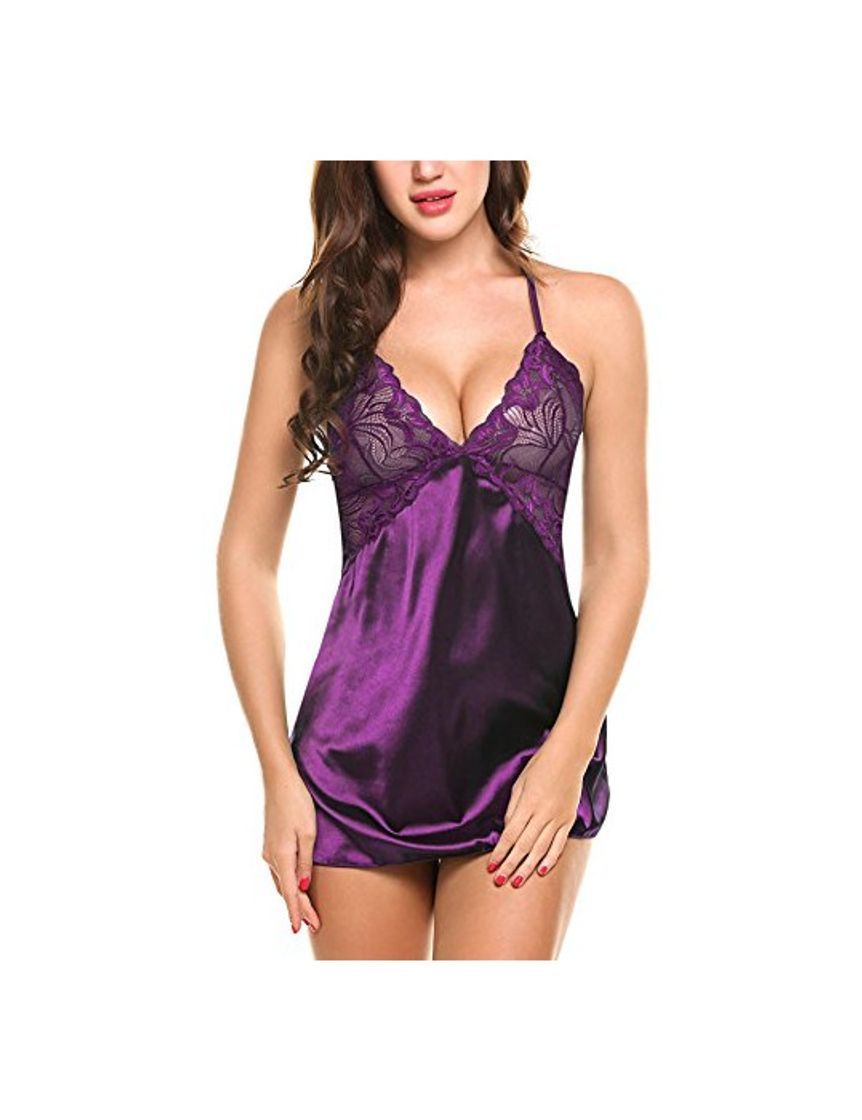 Social Avidlove Mujer Ropa de Dormir Sexy con Tanga Babydoll Tirante Backless(Púrpura S)