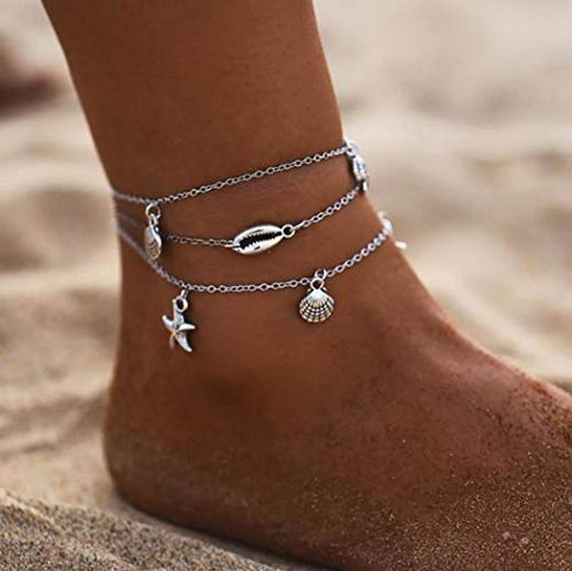 Edary Boho Joyería Concha de Plata Capas estrellas de mar para el tobillo pulsera de tobillo del pie de playa para mujeres y niñas