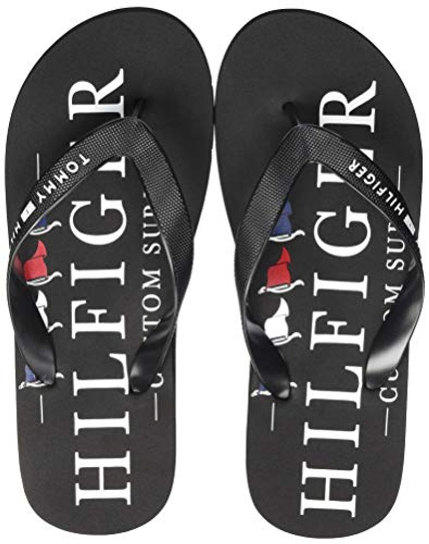 Moda Tommy Hilfiger Nautical Print Beach Sandal, Sandalias con Punta Abierta Hombre, Negro