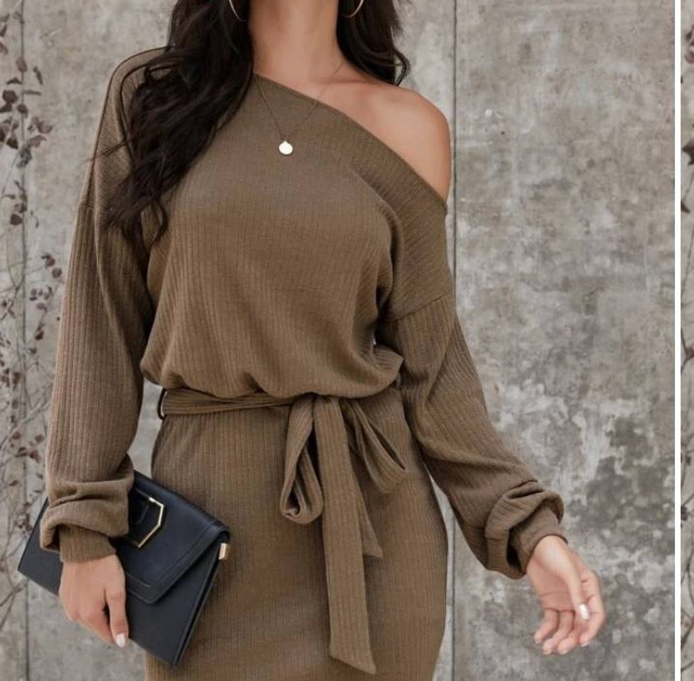 Fashion Asymmetrical Neck Rib-knit Belted Dress | SHEIN EUR