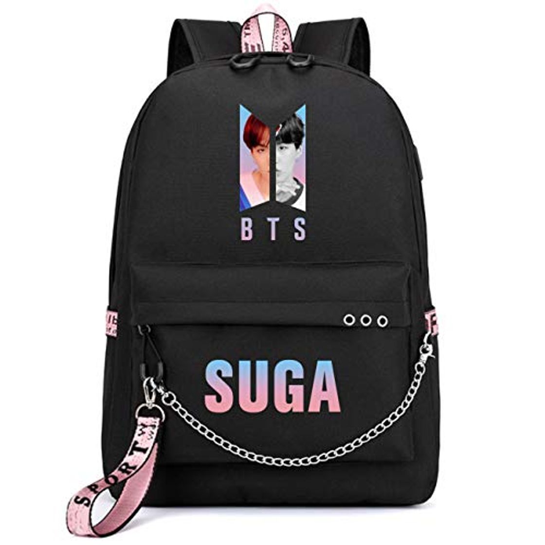 Fashion ZIGJOY Kpop Grupo de chicos coreanos Bangtan Boys Mochila Mochila escolar Mochila con puerto de carga USB Suga Jin Jimin Jung Kook Para aficionados Suga Negro