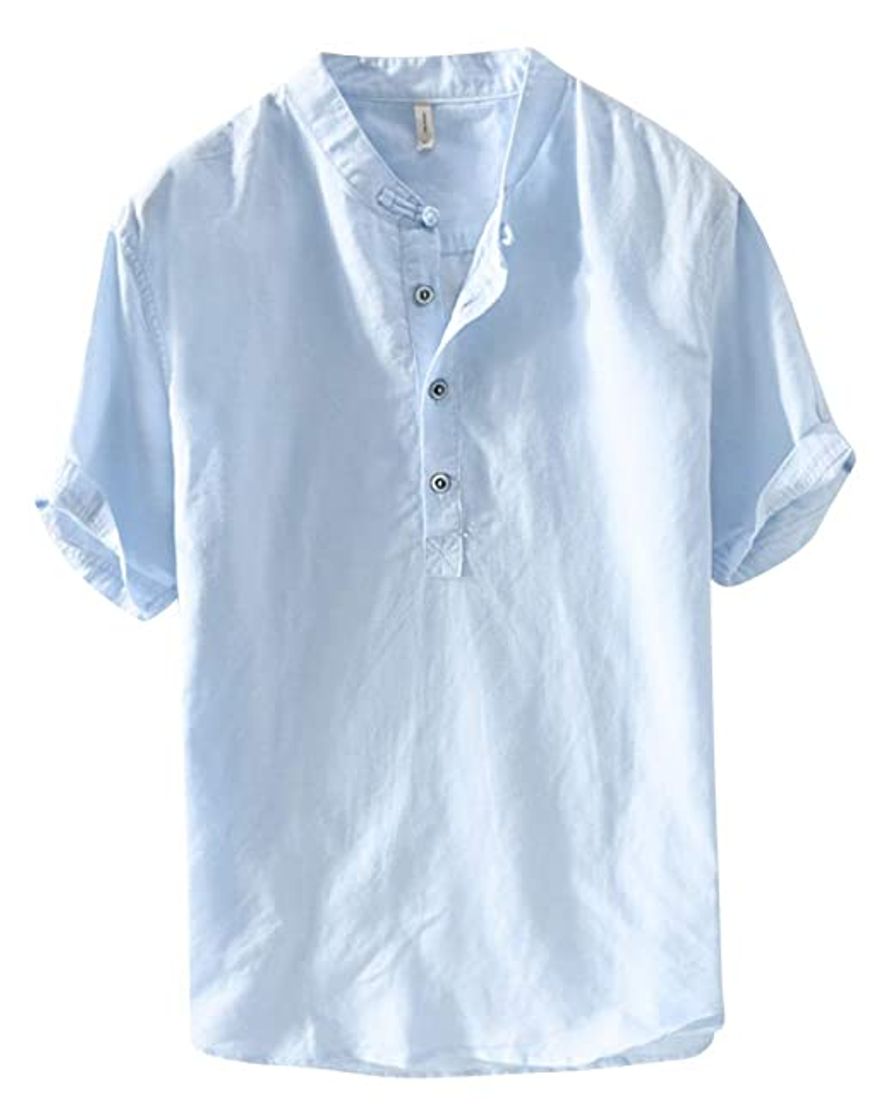 Social Camisetas Hombre Manga Corta SHOBDW 2019 Sólido Cuello Mao Camisa Lino Hombre