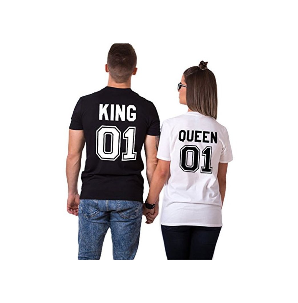 Moda Parejas Camiseta King Queen T-Shirt 100% Algodón Shirts Impresión 01 2 Piezas