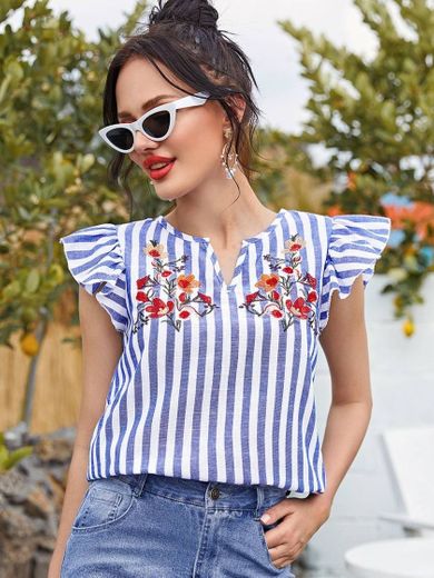 SHEIN Top de rayas bordado floral de sisa fruncido 