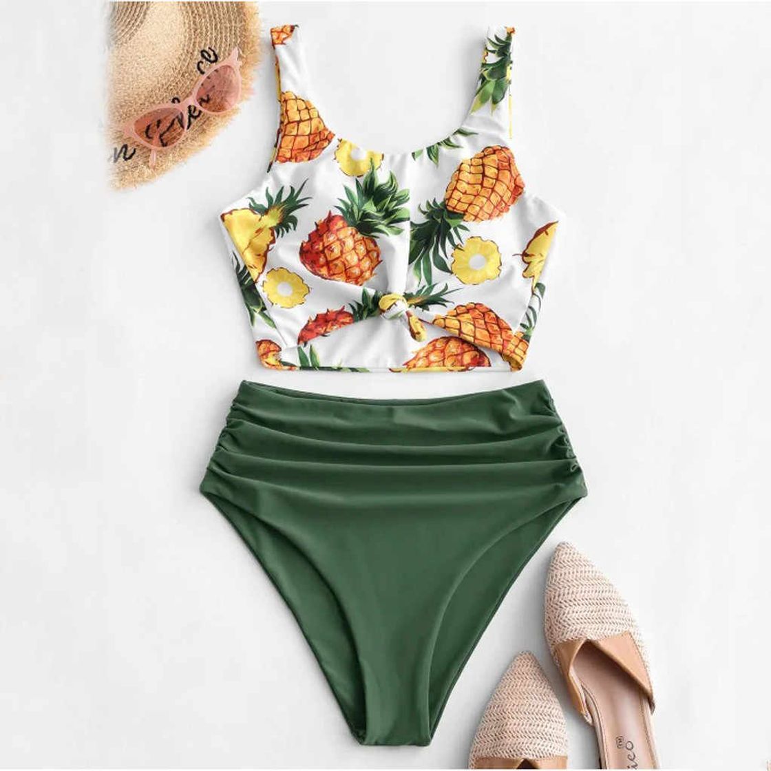 Moda Conjunto de Bikini de Impresión a Cuadros con Volantes para Mujer Traje de Baño de Playa Acolchado Traje de Baño de Bikini de 2 Piezas