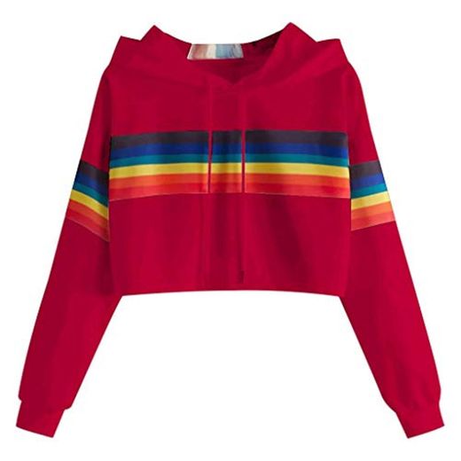 OPAKY Sudadera con Capucha con Cordón y Estampado de Rayas Arcoíris para Mujer Blusa Casual Tops Mujer Juveniles Chicas Stranger Things Cropped Manga Larga Sudaderas Cortas Sueter con Gorro Crop Top