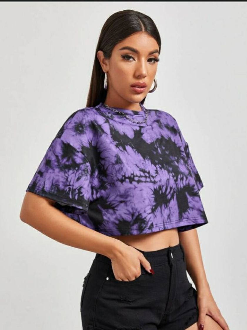 Fashion Camiseta Ocasional Tie Dye loja SHEIN preto e roxo 