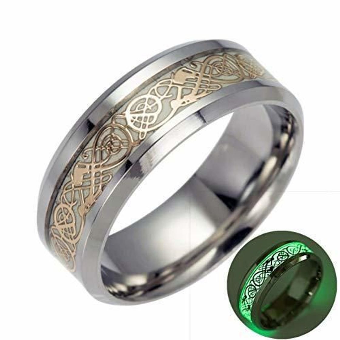 Social ERDING Unisex/Clásico/Anillos de dragón Luminosos Brillantes Amarillos Hombres Anillo de Acero Inoxidable