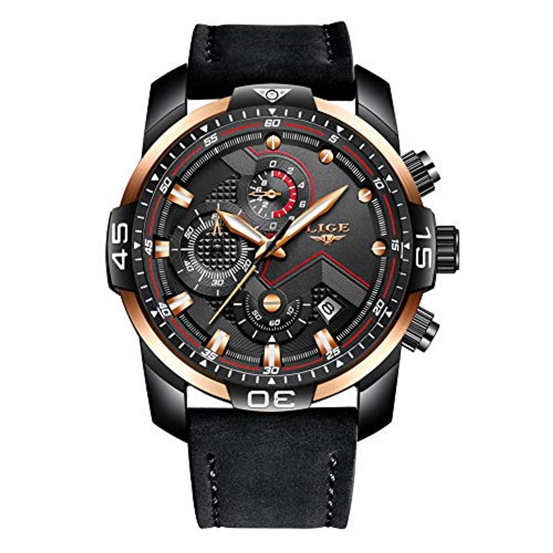 Product LIGE Relojes para Hombre Masculino Moda Militar Impermeable Deporte Cuarzo Analógico Reloj Elegante Negro Dial Grande Gents Cronógrafo Fecha Calendario Cuero Reloj de Pulsera Caballeros