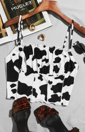 SHEIN Frill Trim Ruched Bust Cow Print Cami Top | SHEIN EUR