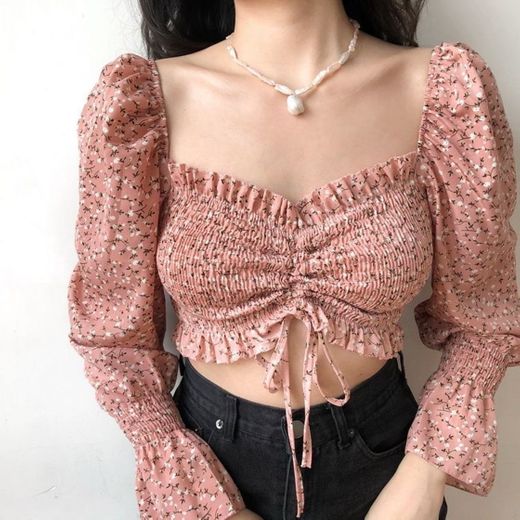 Sexy printed square collar long sleeve shirt 