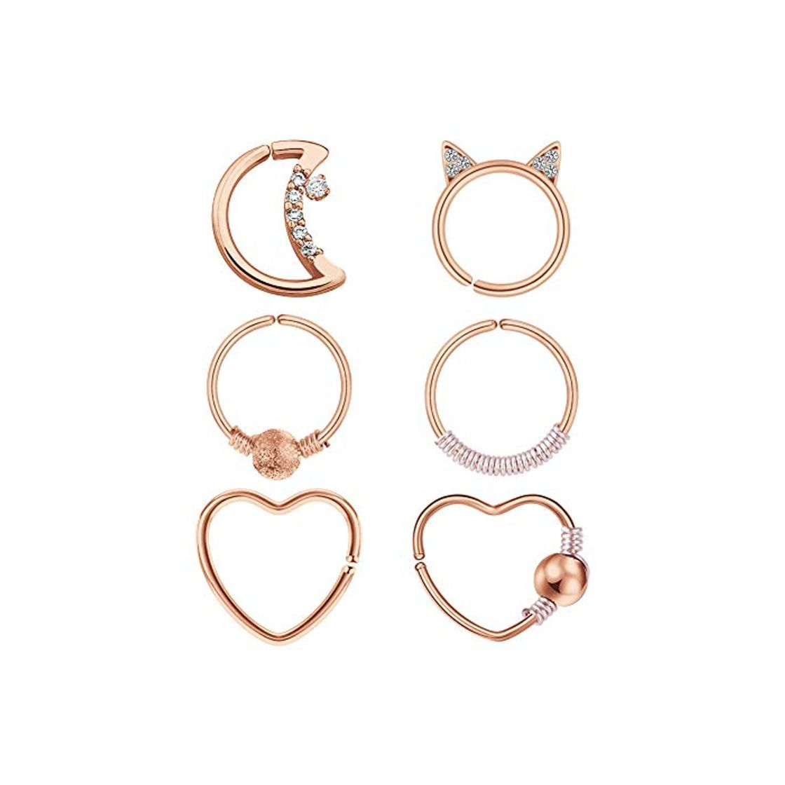 Fashion Longita Daith Rook Snug Tragus Piercing Pendientes Acero Quirúrgico Corazón Luna Círculo Forma Anillos Oreja Cartílago Joyas para el Cuerpo 6 Piezas Oro Rosa