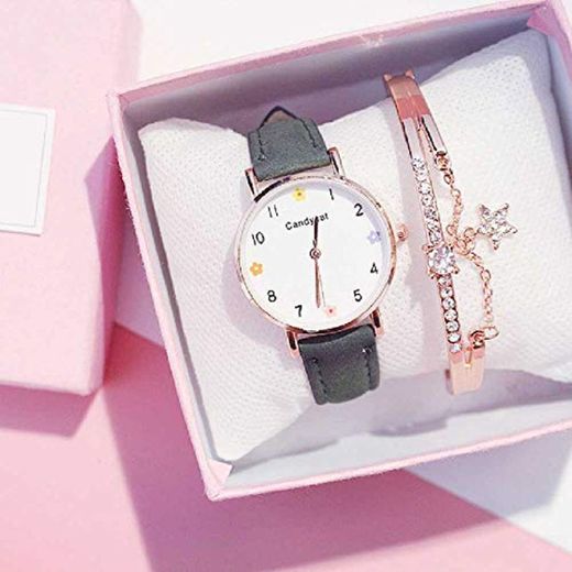LYAO 2019 Relojes De Mujer Conjunto De Pulsera Reloj De Mujer De Color Rosa para Mujer Reloj De Pulsera De Cuarzo De Cuero Informal Reloj De Niña Relogio Feminino Verde