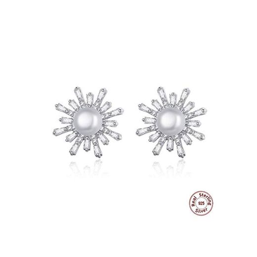 MNGGNM Aretes de Perlas de Agua Dulce Naturales para Mujer Flor Plata 925 Brincos joyería romántica Regalo de cumpleaños