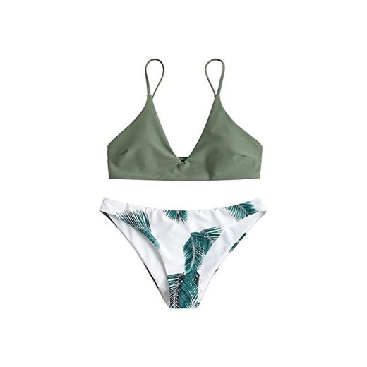 Zaful Bikini acolchado push-up para mujer con diseño de hojas camuflaje verde