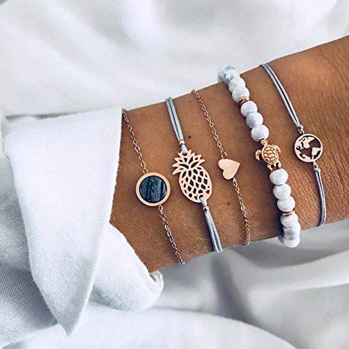 Social Jovono pulsera bohemia con cuentas de tortuga con mapa de cuentas de piña para mujer y niña （5 piezas）