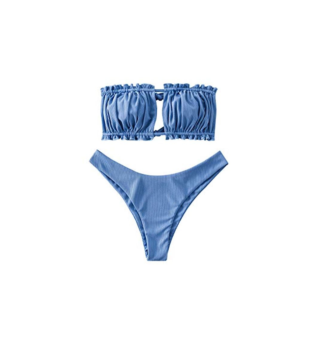 Fashion ZAFUL Mujer Bandeau Tie Cutout Bikini Set Beachwear azul M