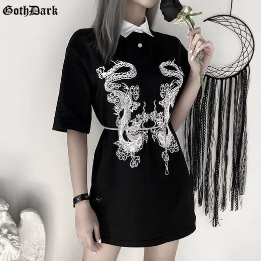 Camiseta gótica Vintage con estampado de dragón oscuro 
