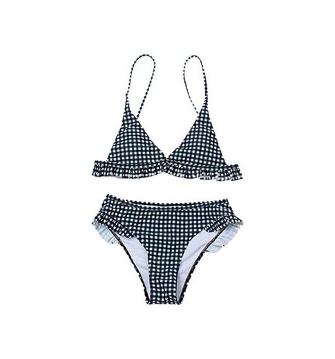 Conjunto de Bikini de Impresión a Cuadros con Volantes para Mujer Traje de Baño de Playa Acolchado Traje de Baño de Bikini de 2 Piezas