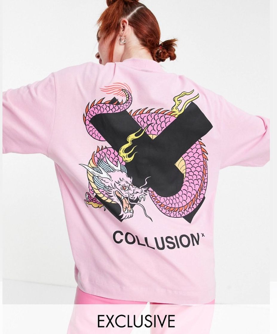 Moda Camiseta rosa extragrande con dragón de COLLUSION