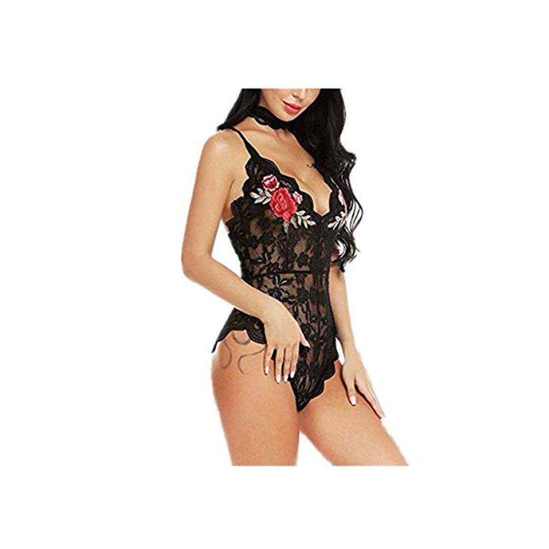 Moda Reooly Mujeres Body de Encaje Sexy con Cuello en v Teddy Lingerie Jumpsuit Bordado con Cuello