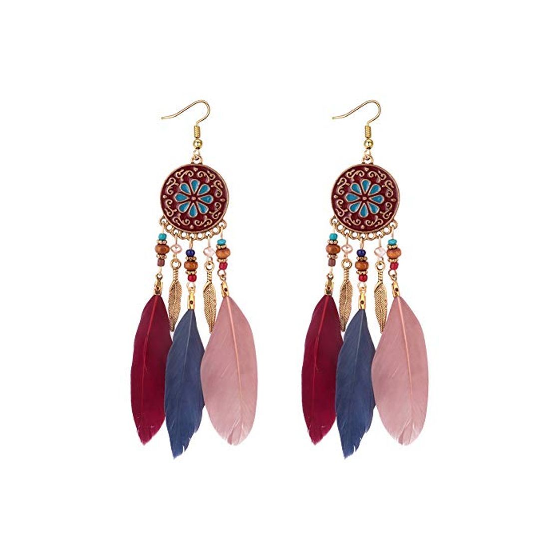 Product YAZILIND Hook Earrings Alloy Round Pendant with Beads Feather Bohemian Ethnic Style