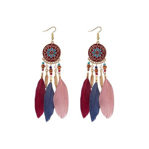 YAZILIND Hook Earrings Alloy Round Pendant with Beads Feather Bohemian Ethnic Style