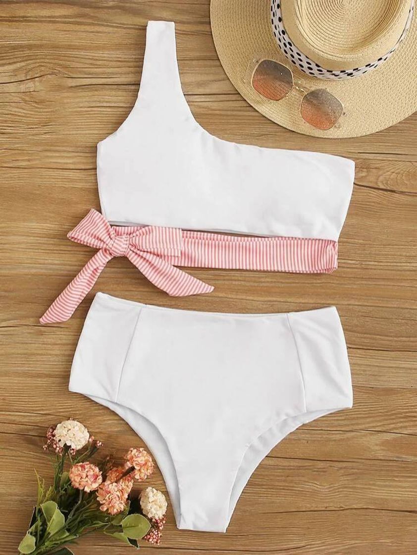 Social Bikini de cintura alta, top de un hombro con nudo de rayas 