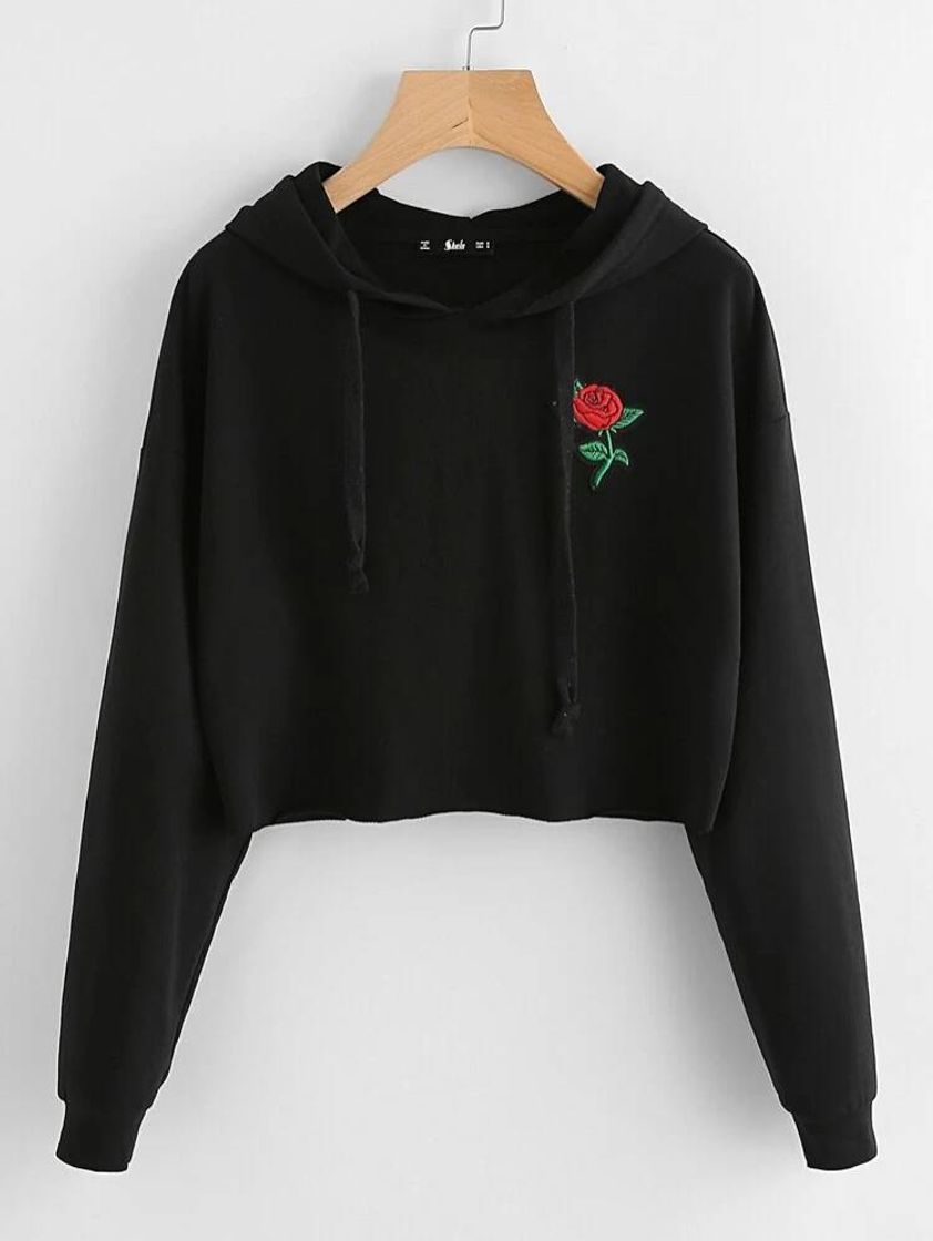 Fashion Moletom Bordado Rose Patch Raw Hem Hoodie | ROMWE USA