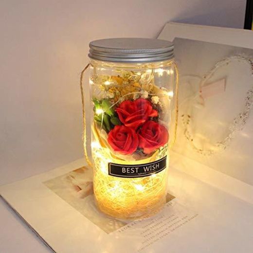 Ramo de flores de rosas de jabón claro y cadena de luz