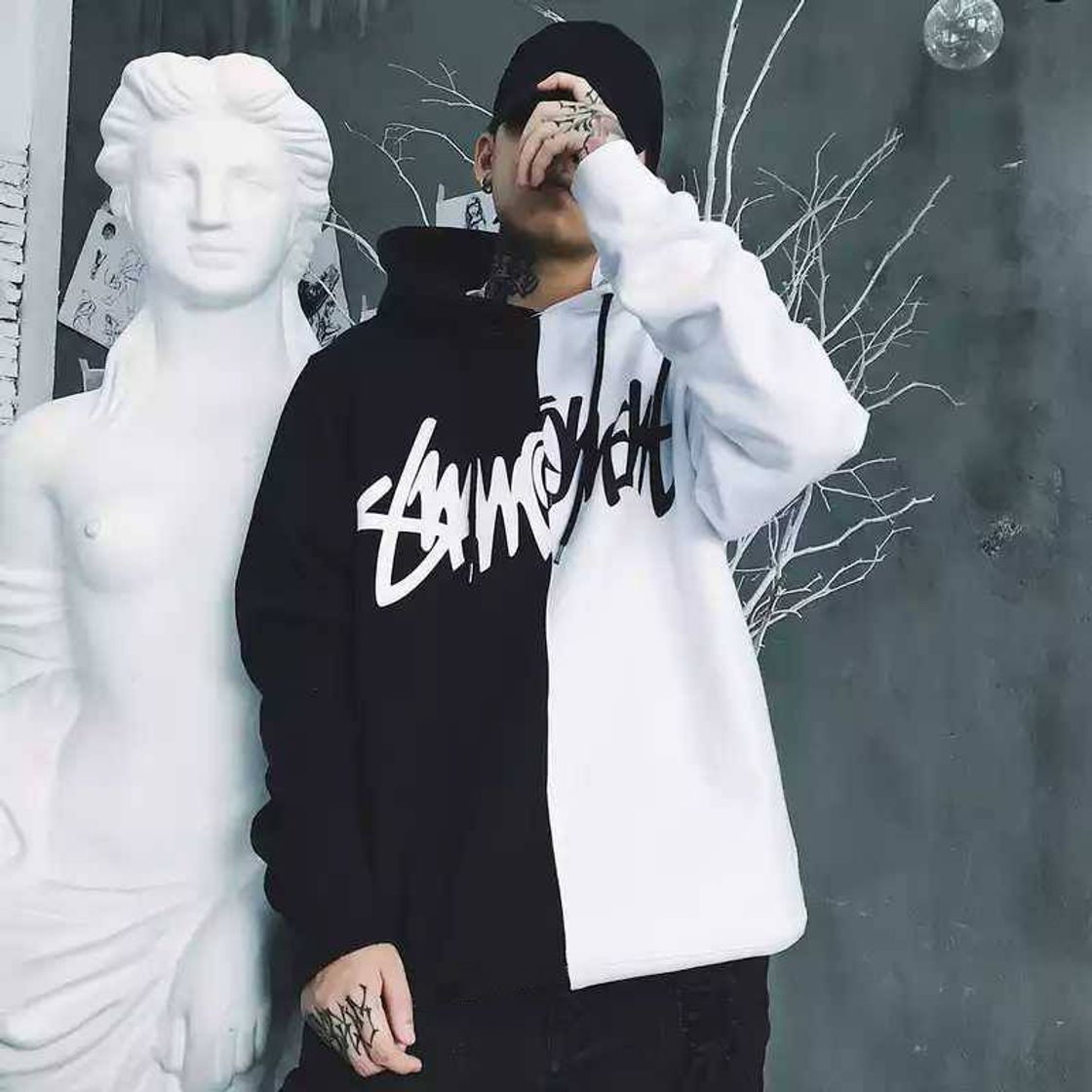 Moda Black White Splice Hoodies Oversize Hip hop Style Swag Tyga