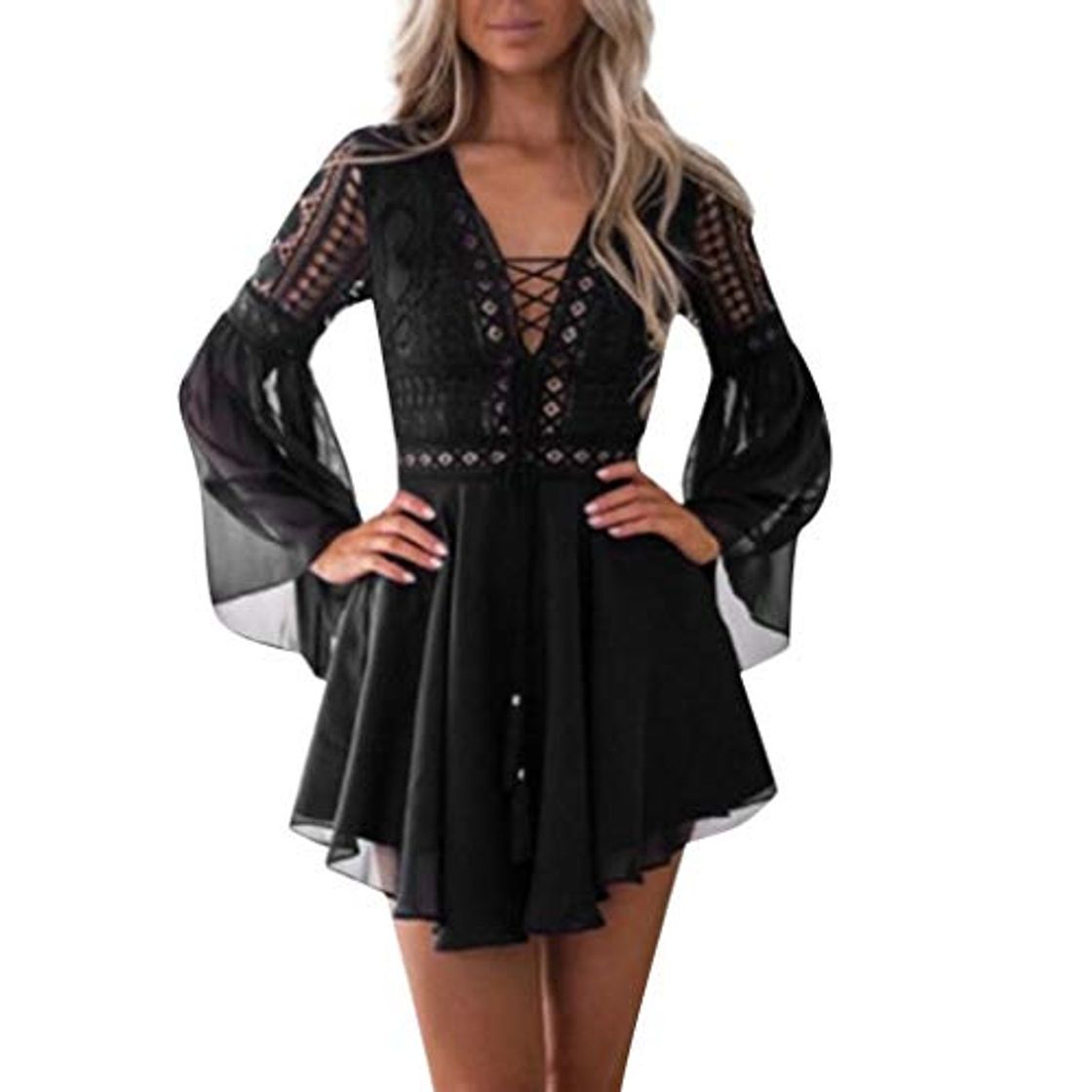 Fashion TOPKEAL Vestido de Manga Larga de Encaje Sexy de Cóctel para Mujer Vestido con Volantes de Verano Jovenes