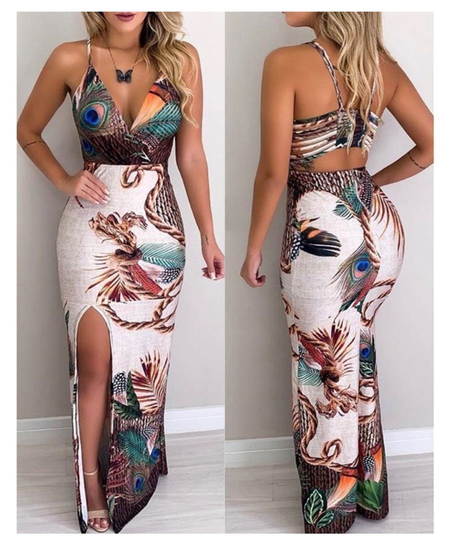 Fashion Peacock Feather Print Thigh Slit Slip Dress