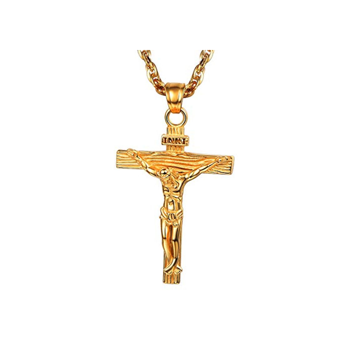 Fashion PROSTEEL Cadena Hombre Grabado Dorado con Colgante Cruz Crucifijo Jesús Inri Acero