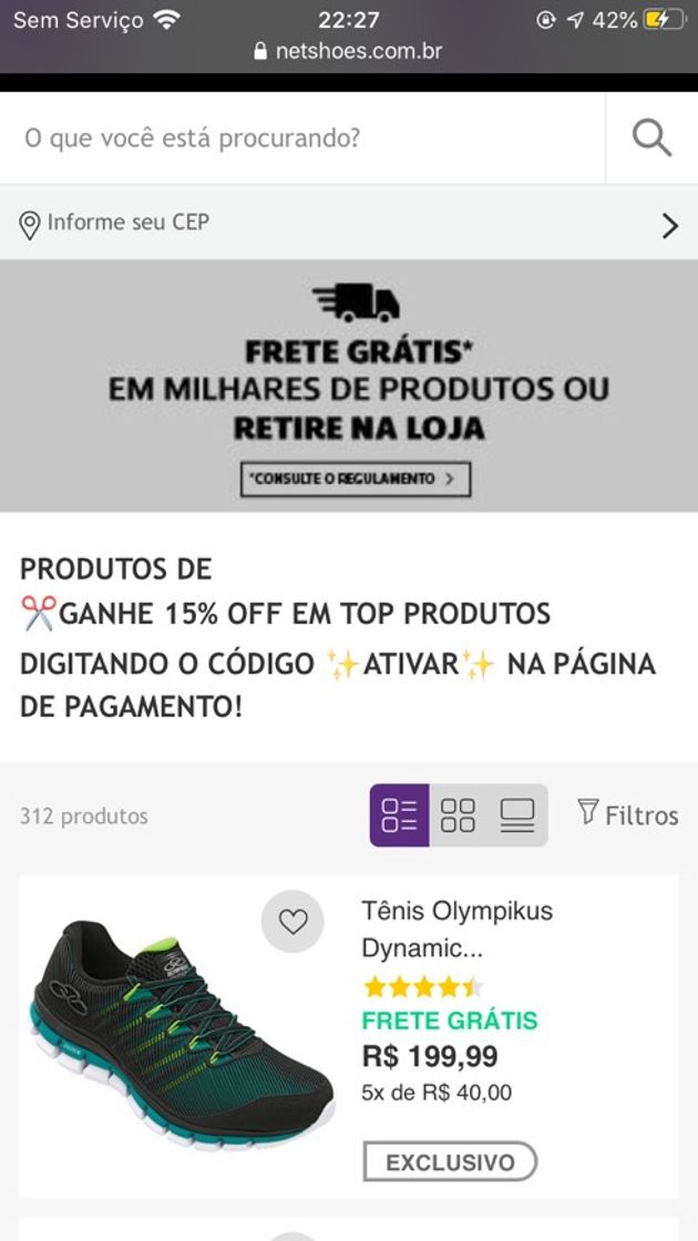 Moda 15 por cento de desconto na netshoes>cupom ativar