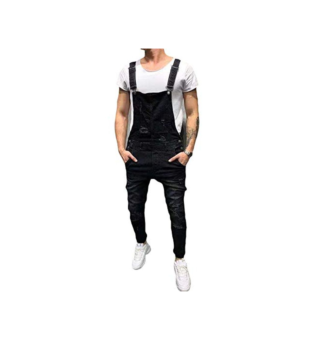 Moda AnyuA Hombres Mono Pantalones Rotos Vaqueros Hippie Overol de Mezclilla Deportivos con Bolsillos Jeans Pantalón Overalls Negro M