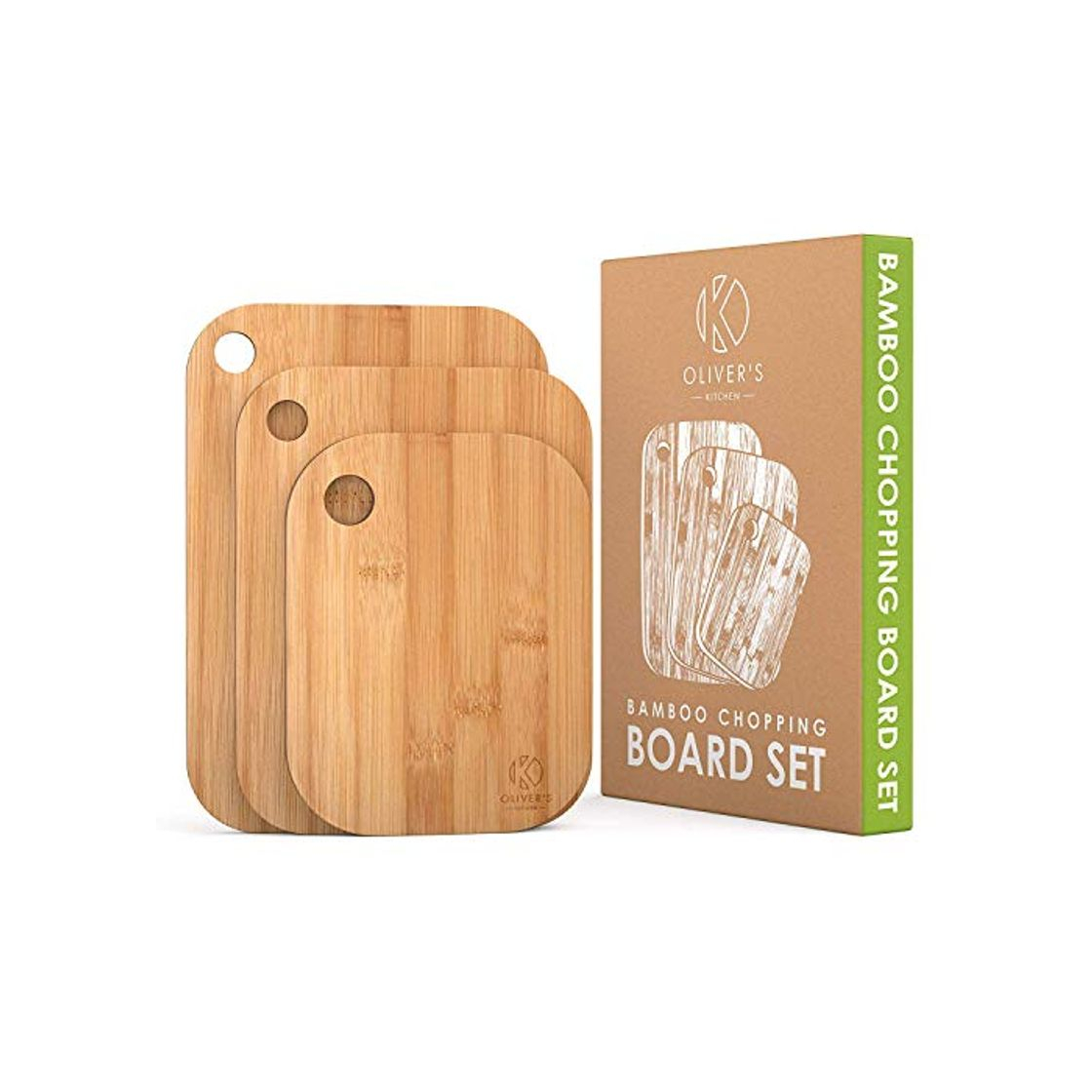 Product Oliver’s Kitchen – 3 x Set de Tablas de Madera Para Cortar – Diferentes Tamaños Para Cada Ocasión – Duraderas y Resistentes – Tablas de Cortar de Bambú Orgánico 100% Natural – Fácil de Limpiar