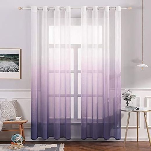 MIULEE Cortina Translúcida Visillo Gradiente Color Degradado Dos Paneles de Ojales Plateados Gasa para Ventanas Habitacion Dormitorio Cocina Sala de Estar 140x245cm Gradiente Vertical Violeta