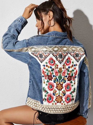 Tribal Embroidery Denim Trucker Jacket | SHEIN EUR